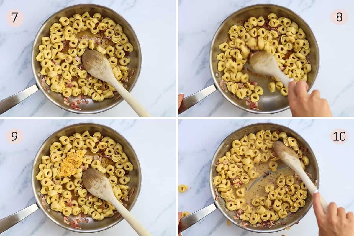 collage showing how to combine bacon, tortellini and cheese mixture for carbonara