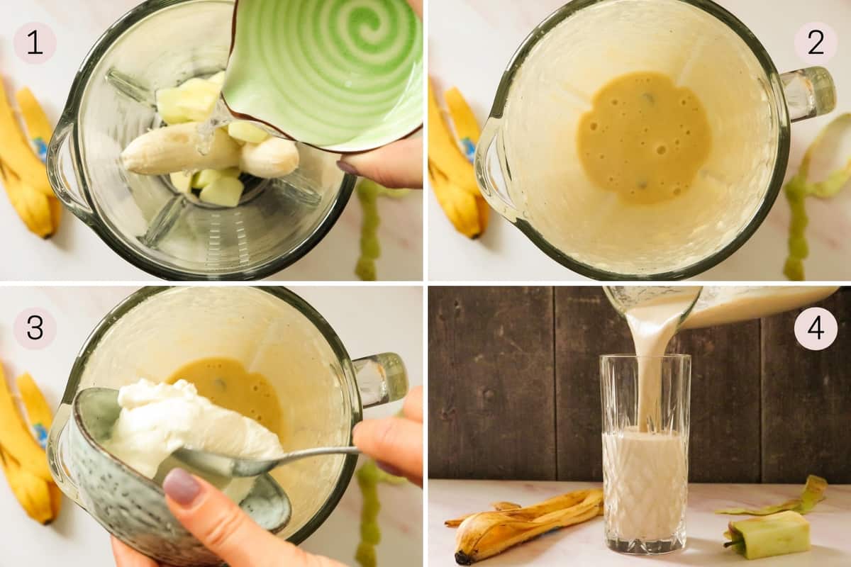 collage showing how to make an apple banana smoothie.