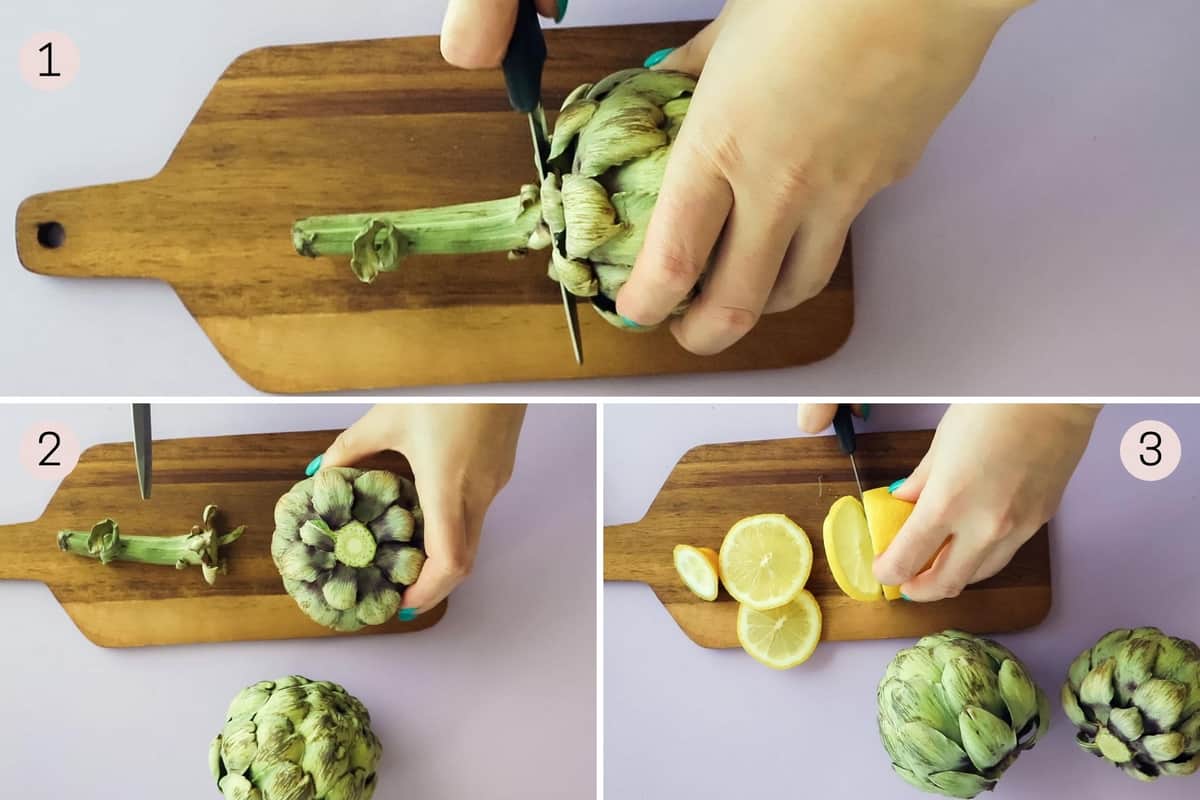 collage showing how to prep artichokes before cooking