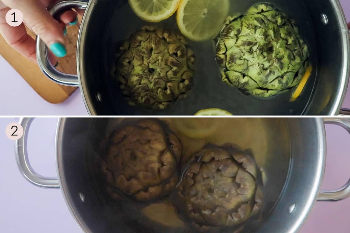 collage showing artichokes before and after cooking