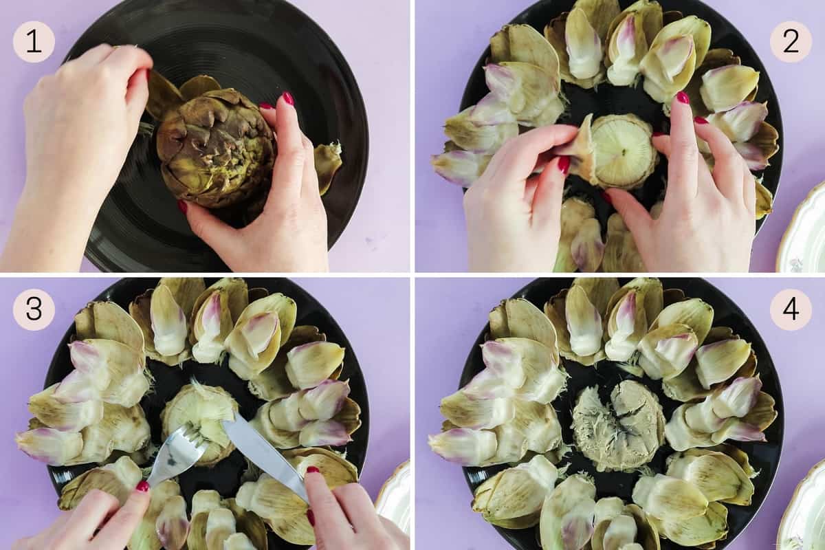 collage showing how to eat artichokes