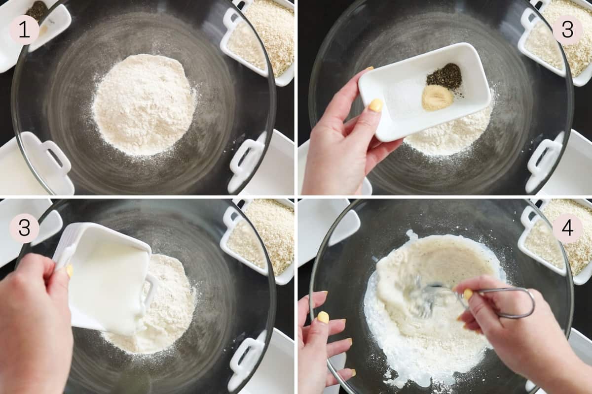 collage showing how to make batter for buffalo cauliflower bites.