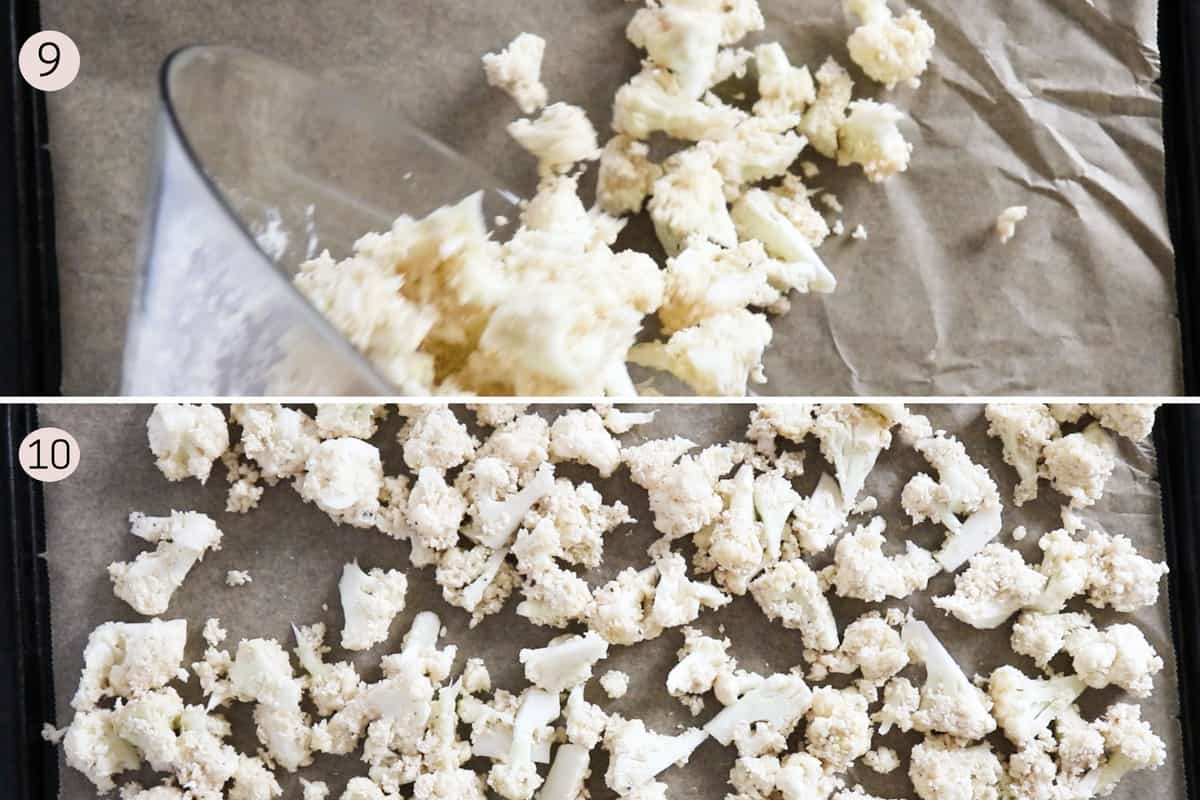 collage showing how to prepare breaded cauliflower for baking