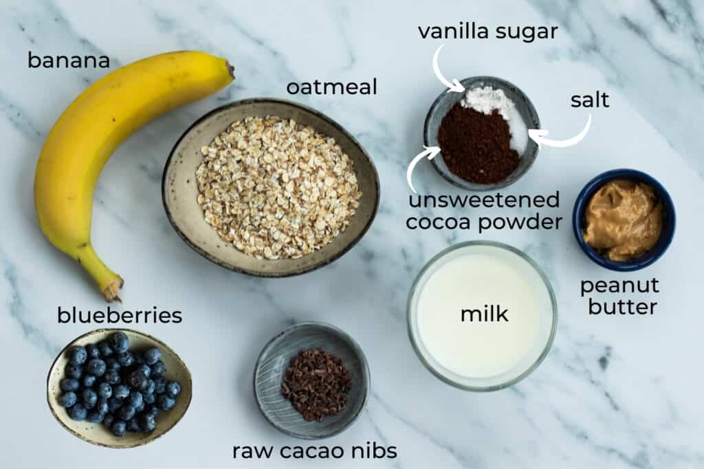 Chocolate Oatmeal with Peanut Butter & Blueberries - always use butter