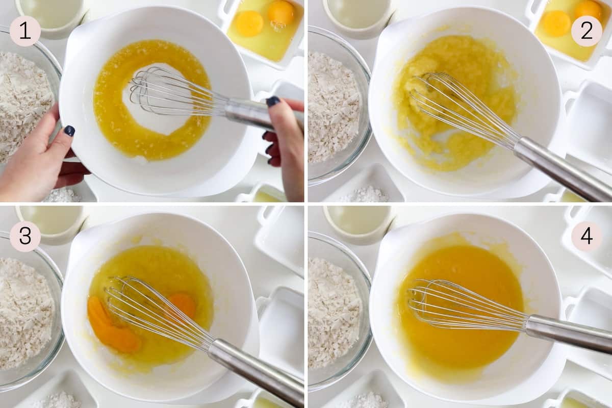 collage showing how to mix together butter, sugar and eggs