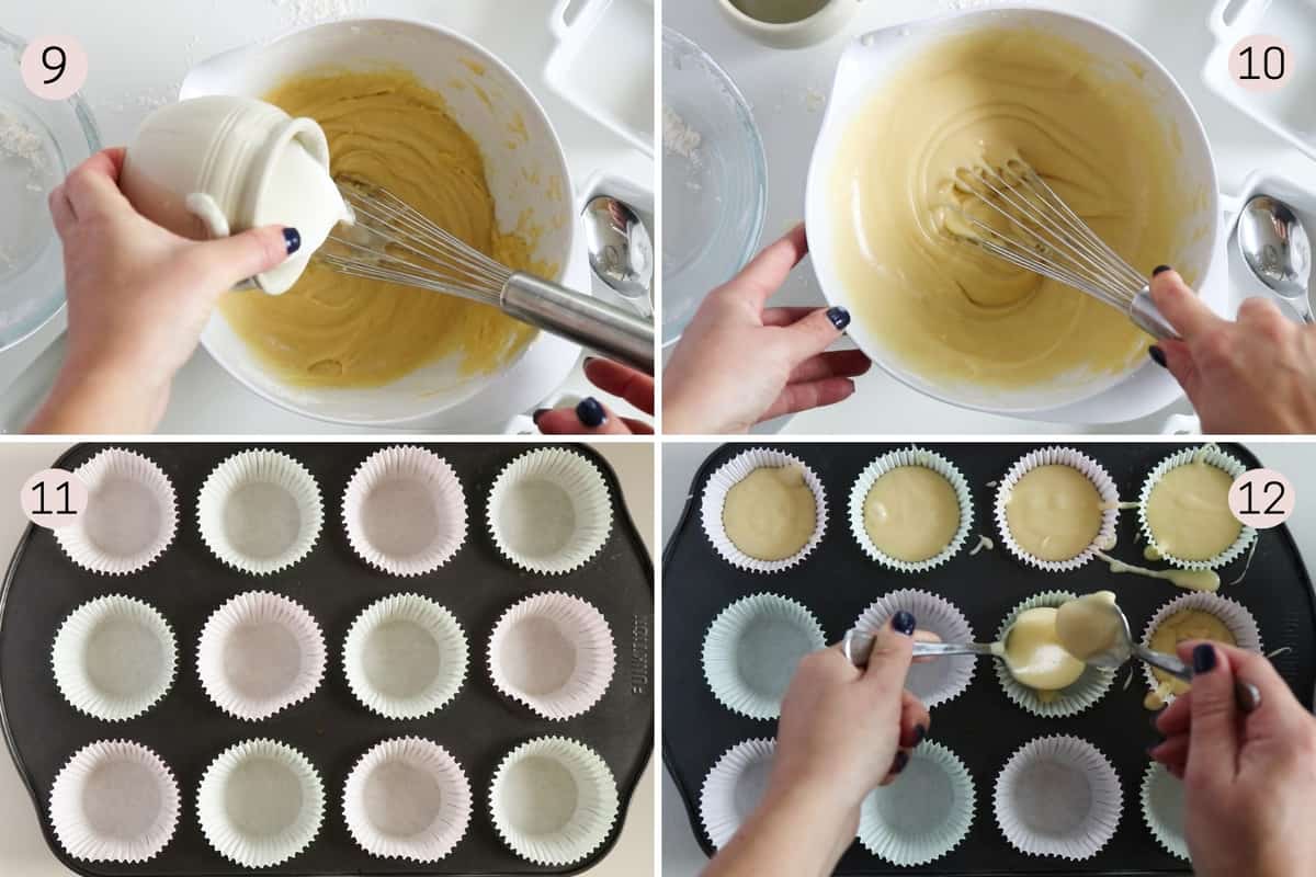 collage showing how to mix in milk with batter and how to add batter to muffin liners