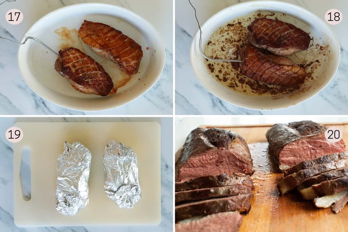 collage showing how to finish duck breasts in the oven before resting.