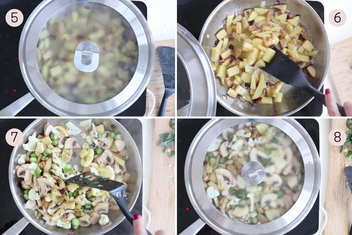 collage showing how to cook potatoes covered before adding vegetables