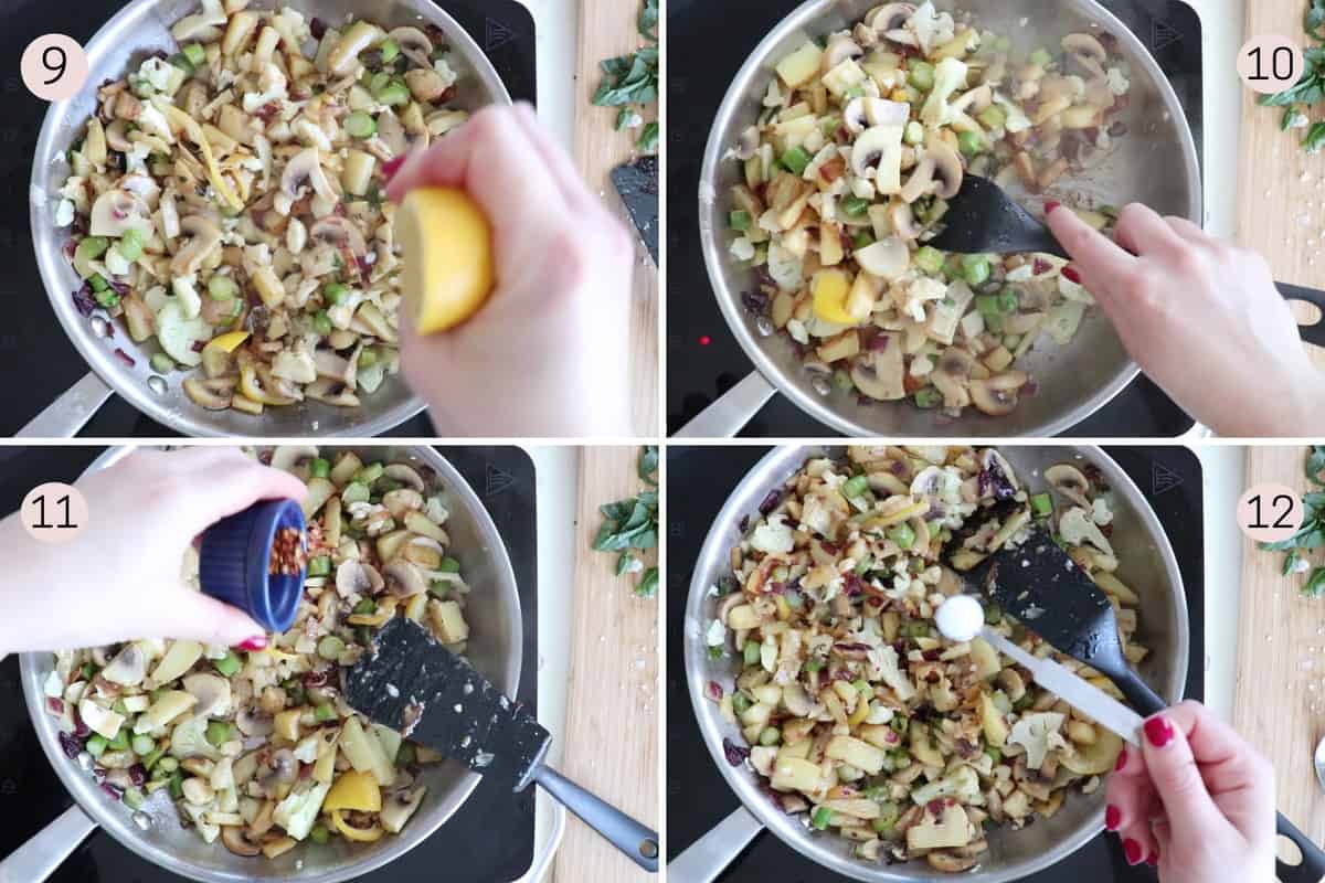 collage showing how to deglaze a pan with lemon juice and how to season