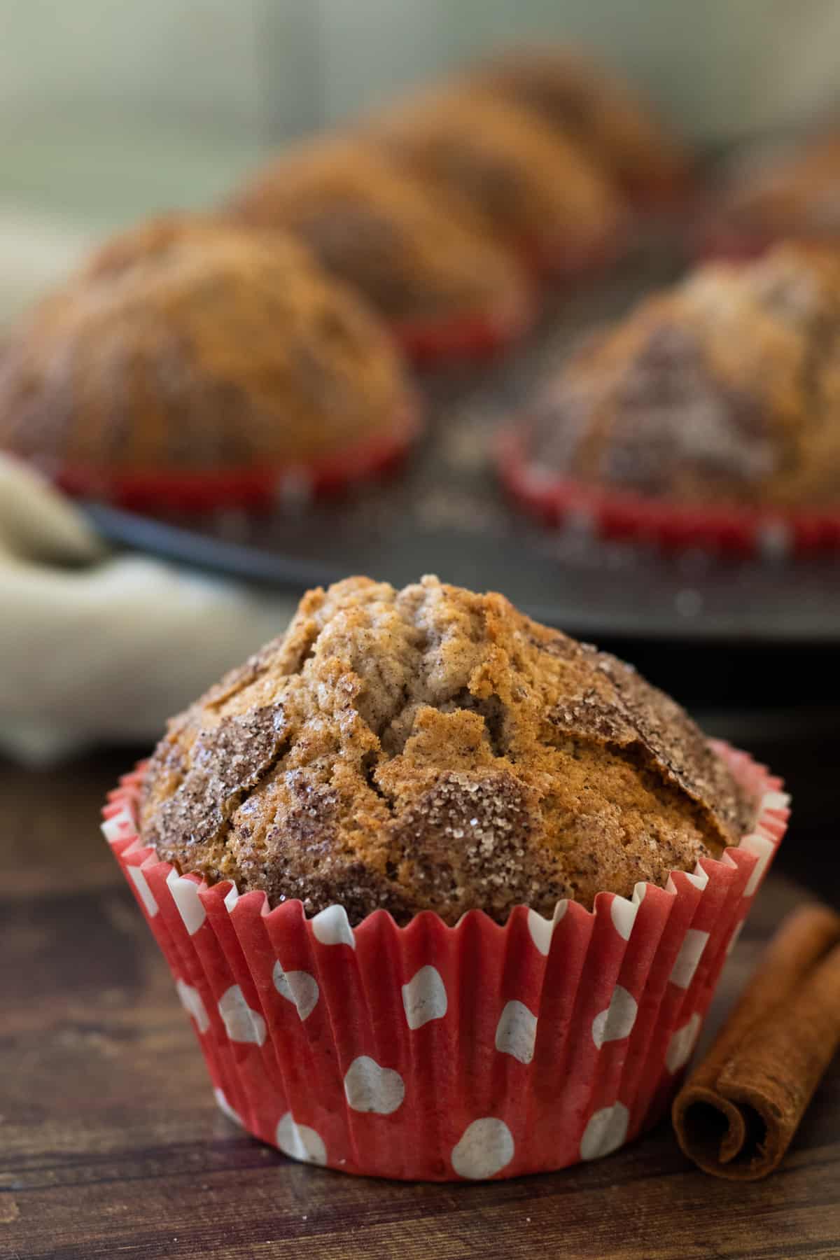 a cinnamon muffin cupcake in front of a tin full.