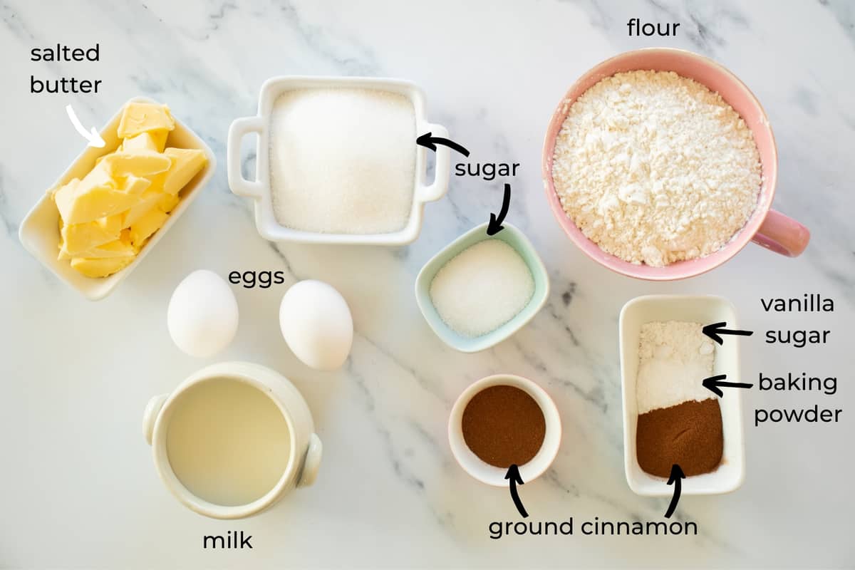 ingredients needed to make cinnamon muffins.