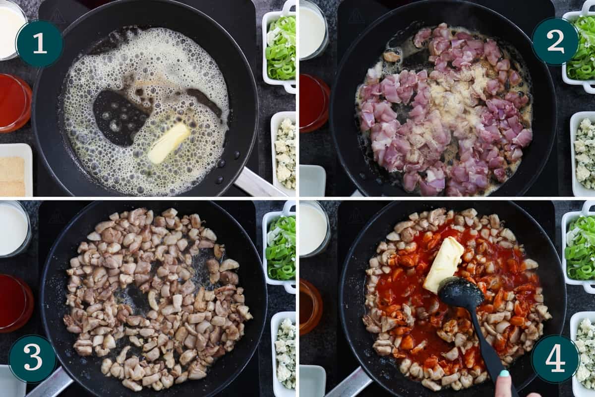 collage showing how to fry chicken before adding hot sauce
