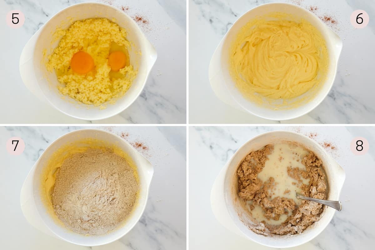collage showing how to add eggs and dry ingredients to batter.
