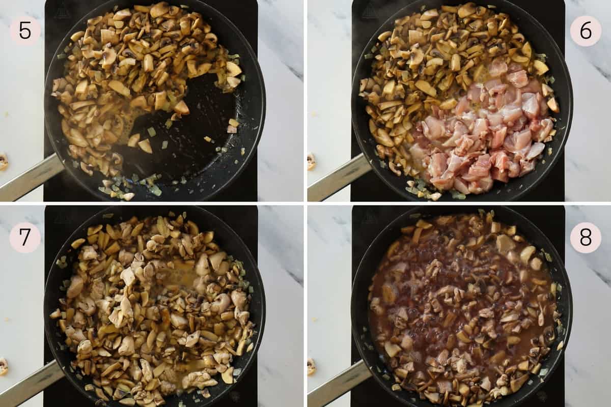 collage showing how to fry chicken with mushrooms