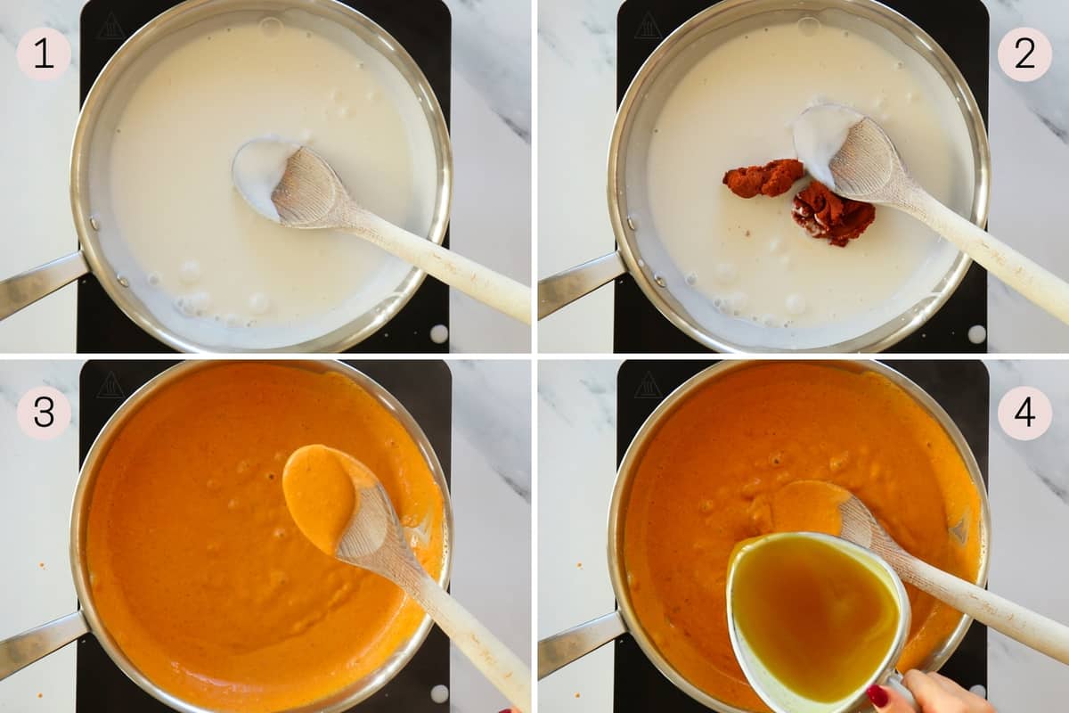 collage showing how to mix coconut milk with red curry paste and chicken broth