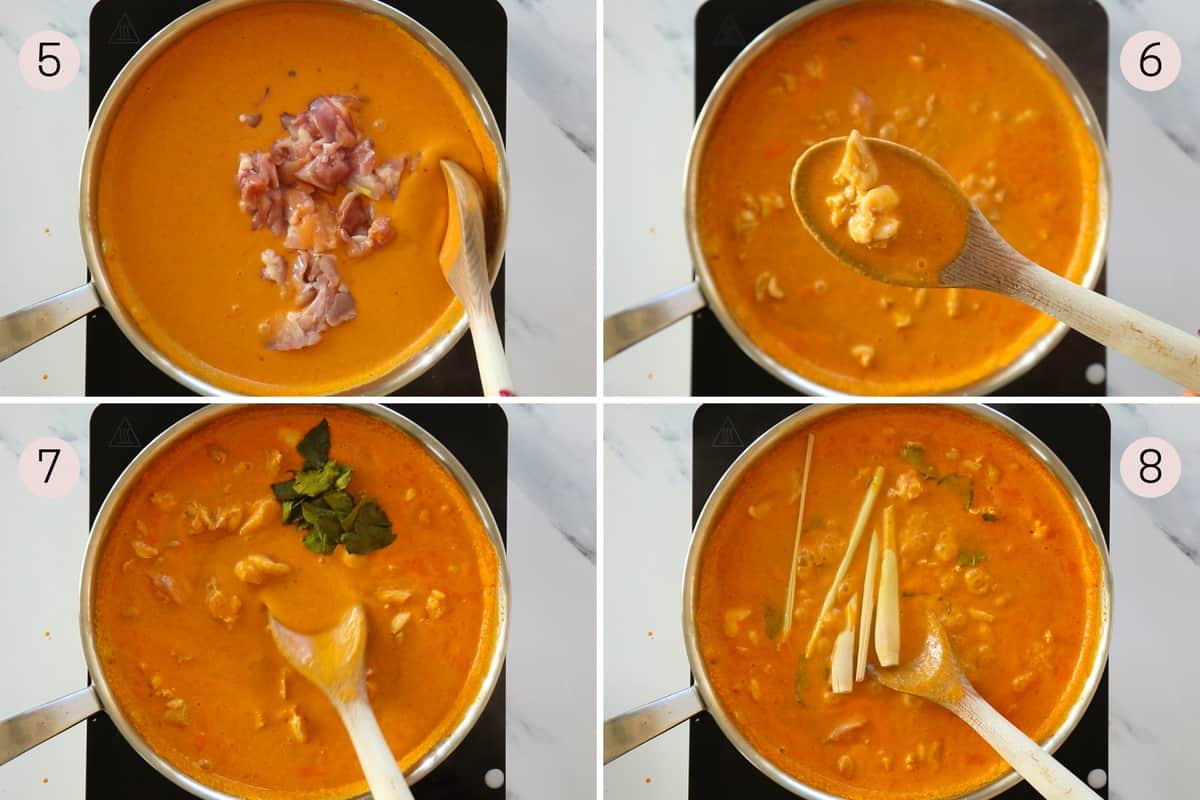 collage showing how to add chicken, lime leaves and lemongrass to soup