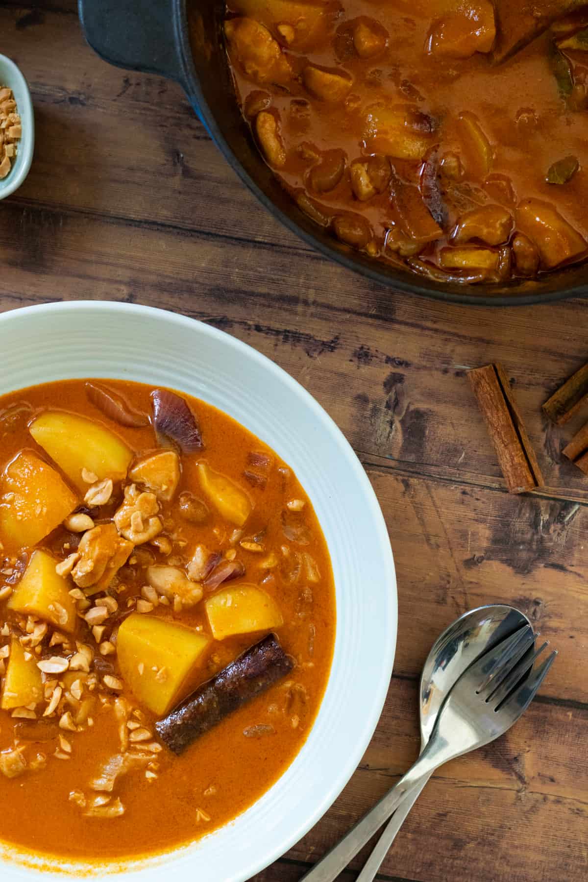 top down view of a bowl full of massaman chicken curry