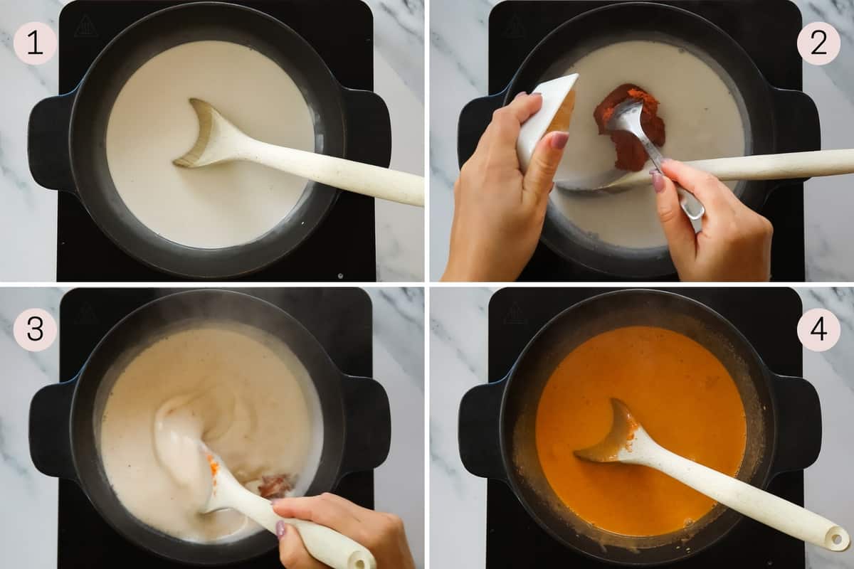 colalge showing how to heat coconut milk before adding curry paste.