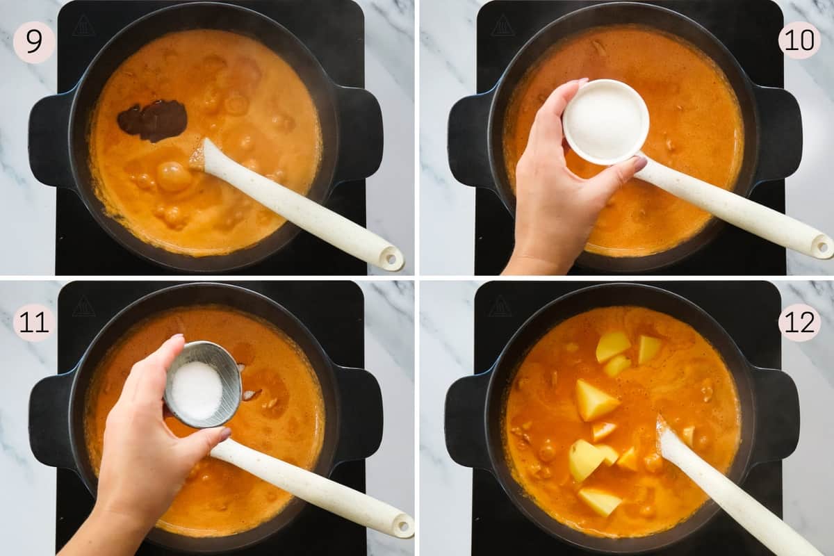 collage showing how to add ingredients to massaman chicken curry.
