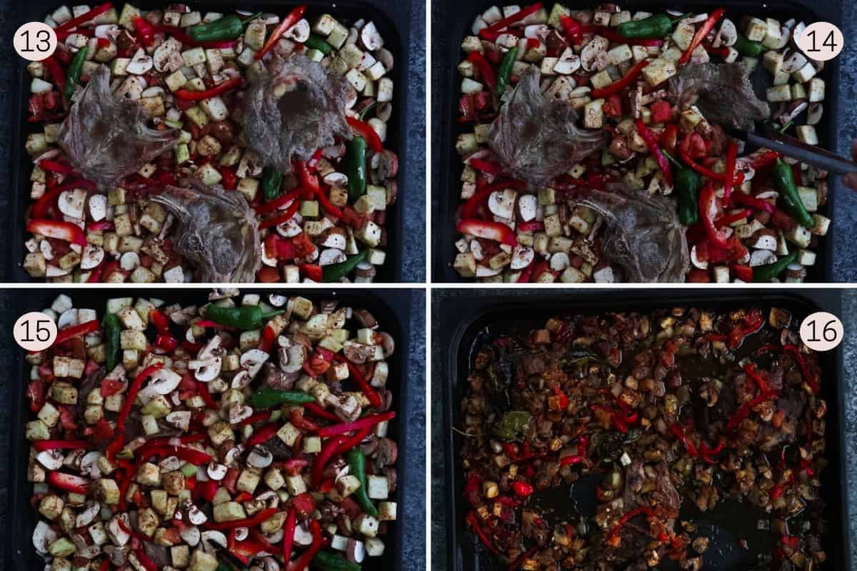 collage showing how to bake lamb chops with veggies