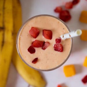 top down view of a strawberry mango smoothie