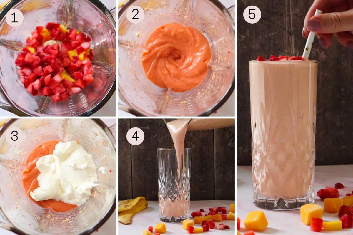 collage showing how to make a strawberry mango smoothie