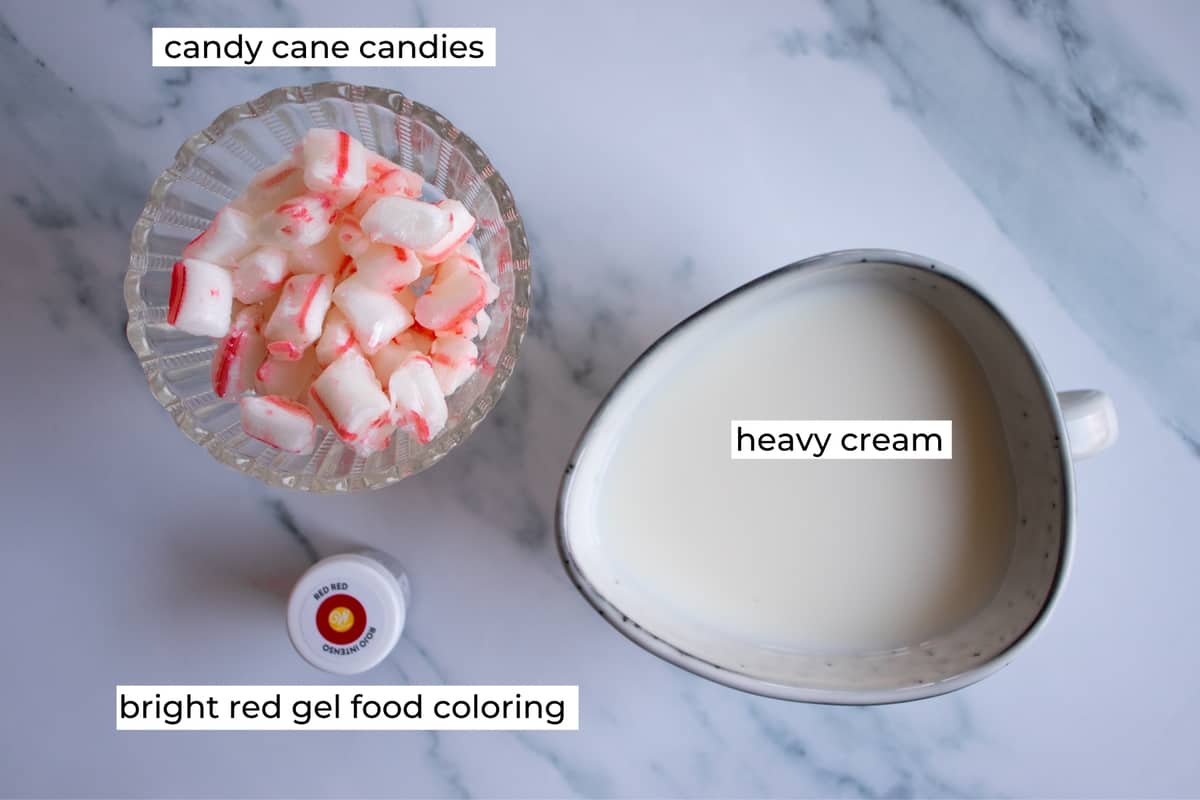 ingredients needed to make peppermint whipped cream with real candy canes.