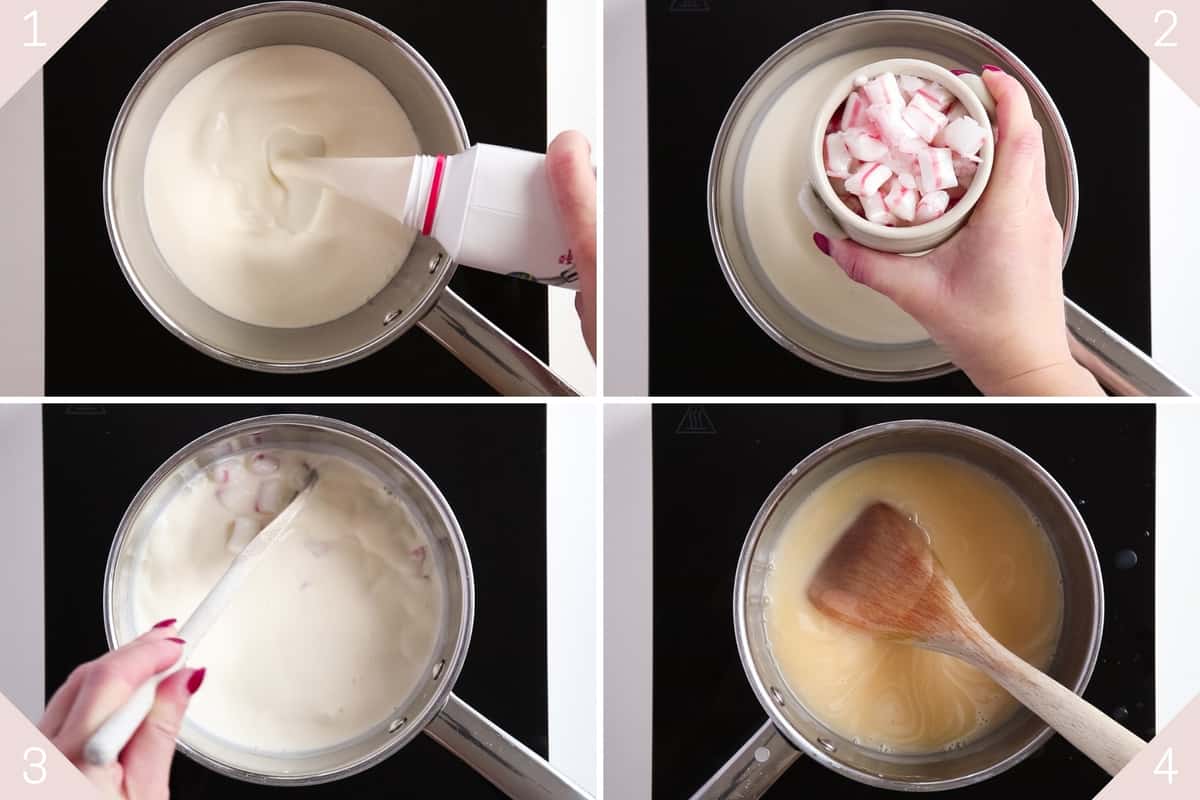collage showing how to melt candy canes in cream
