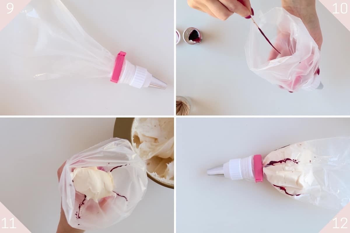 collage showing how to prep an icing bag with candy cane peppermint whipped cream.