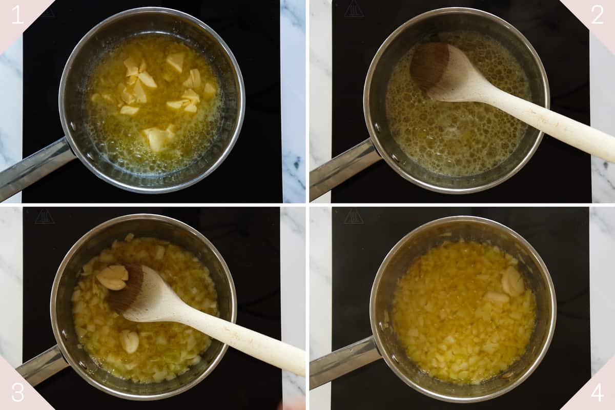 collage showing how to cook onion and garlic in a lot of butter