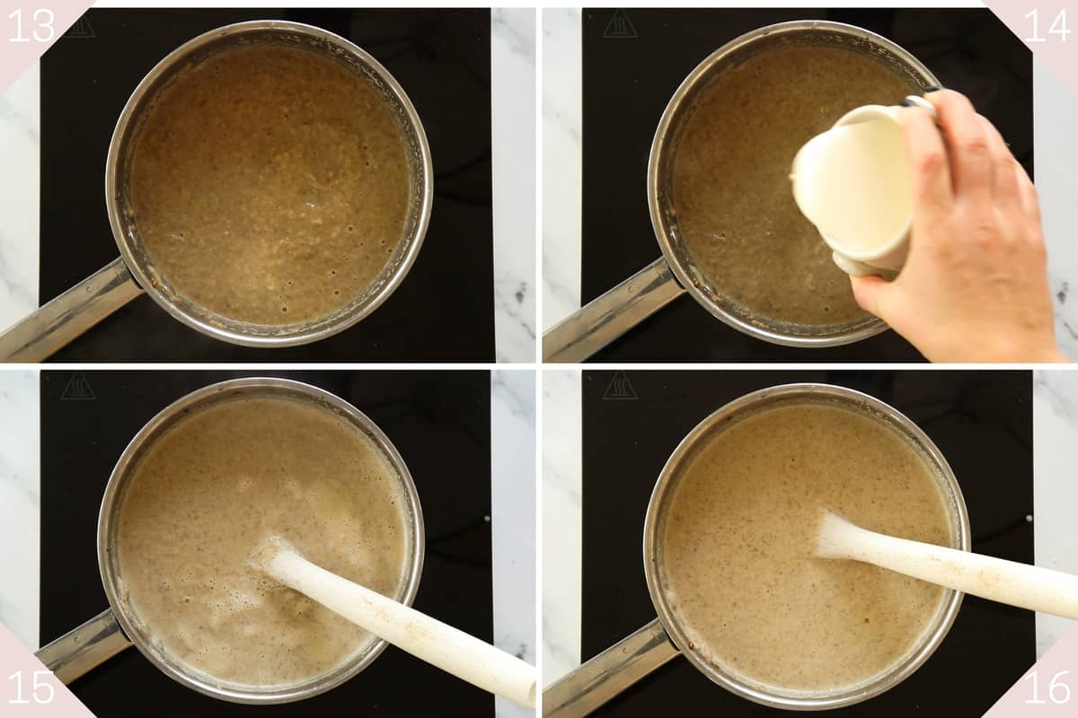 collage showing how to add cream to mushroom soup