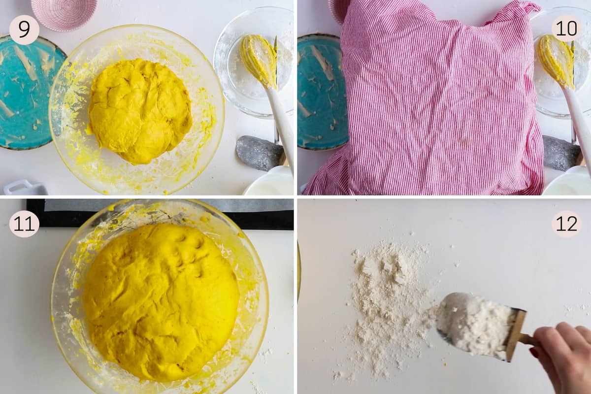 collage showing what lussekatter dough looks like before and after rising.