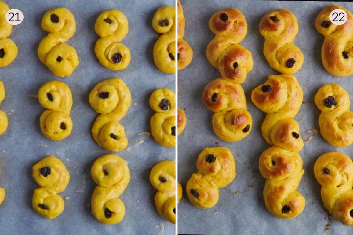 collage showing lussekatter before and after baking.