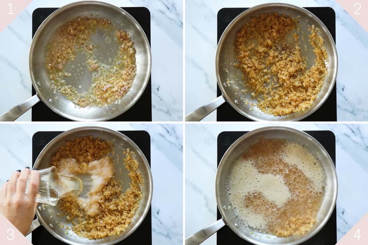 collage showing how to fry shallots and risotto rice before adding wine