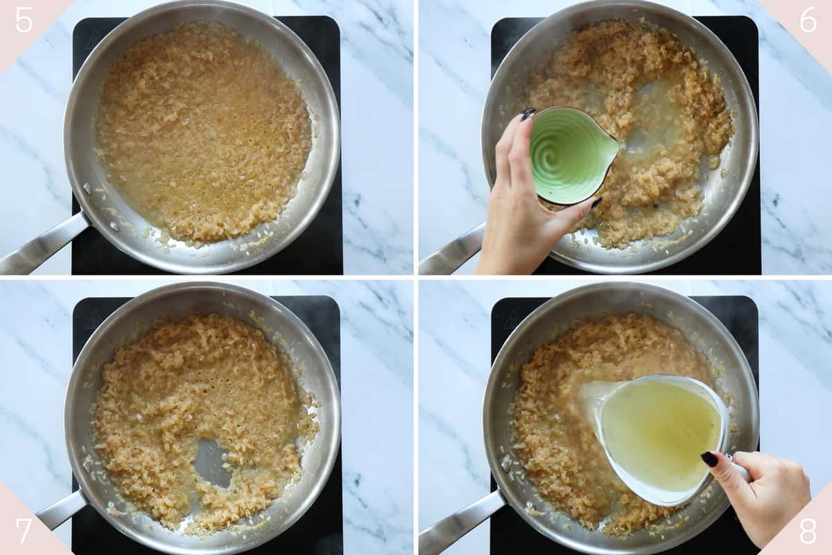 collage showing how to add lemon juice and fish stock to risotto