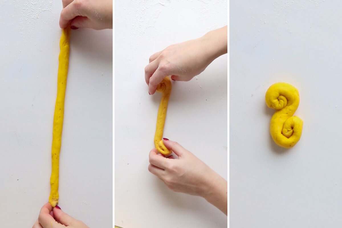 A collage with 3 images showing how to create the classic lussekatter shape.