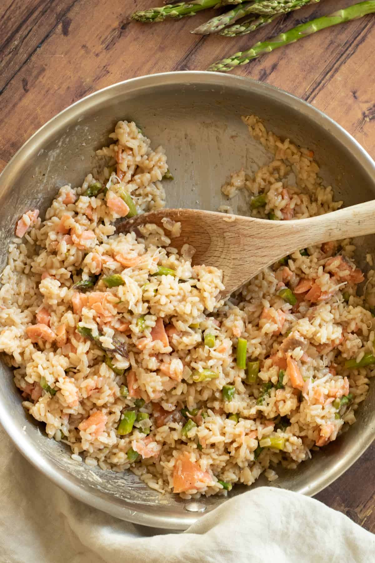 top down view of a pan full of smoked salmon risotto