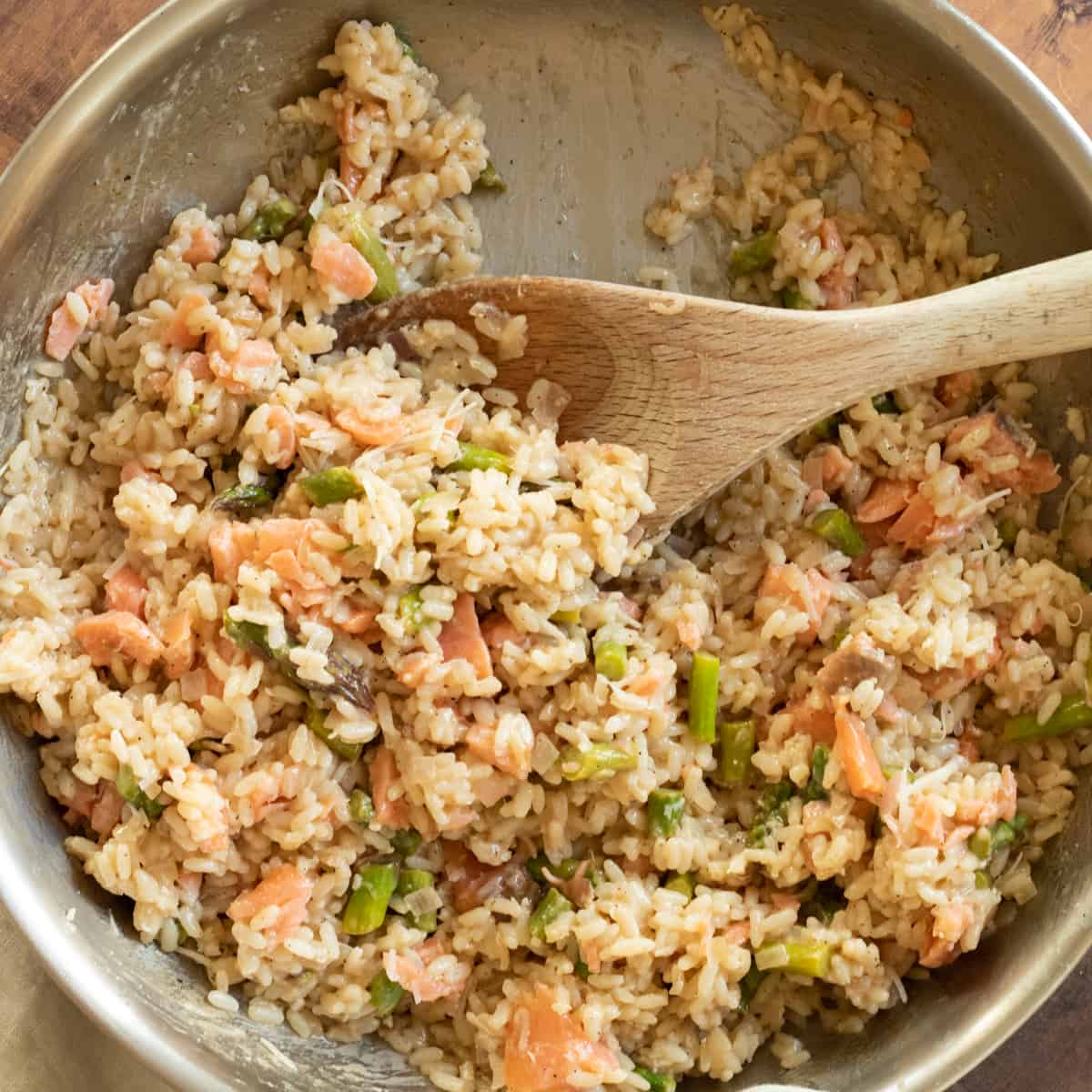 top down view of a pan full of smoked salmon risotto