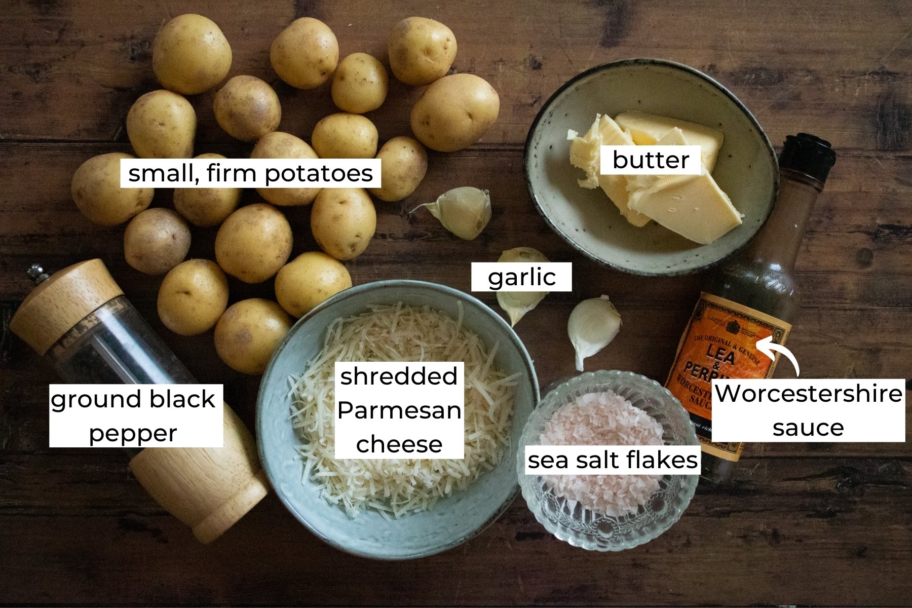 ingredients for garlicky smashed potatoes