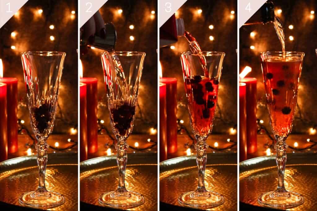 collage showing how to make a cranberry champagne cocktail.
