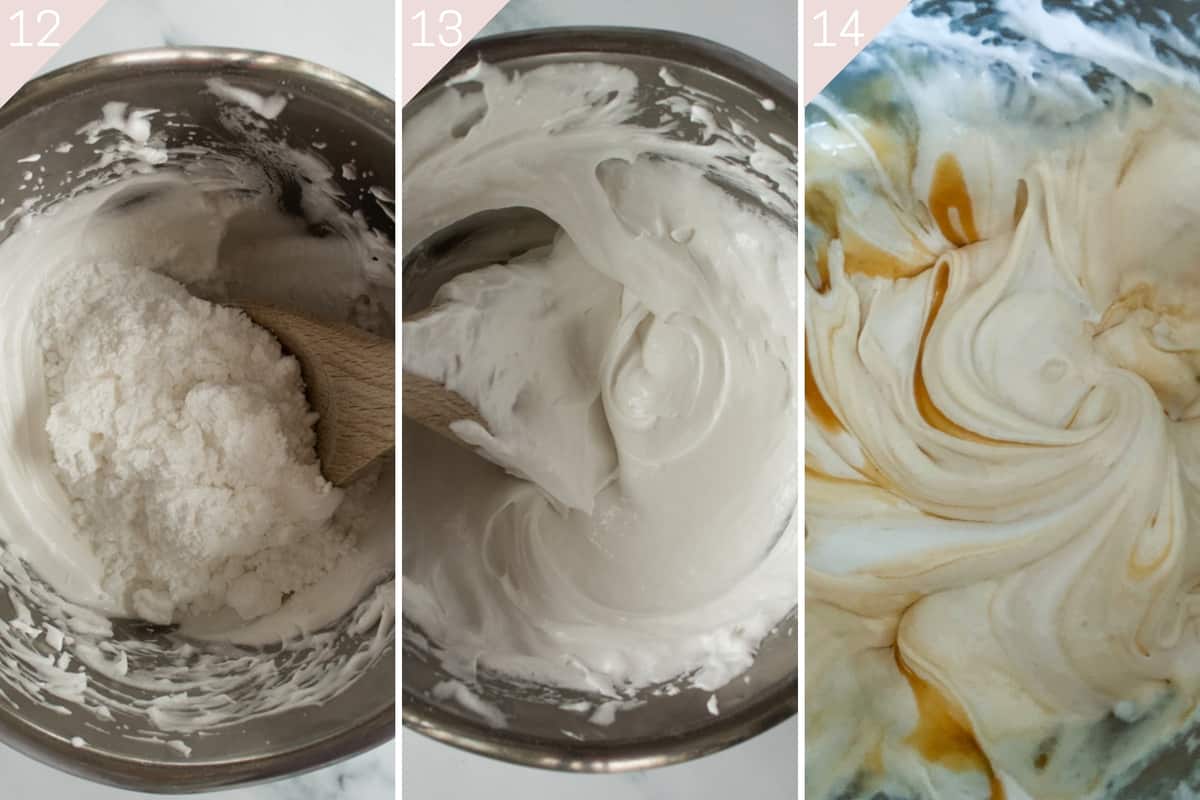 collage showing how to make french meringue and mix in salted caramel sauce