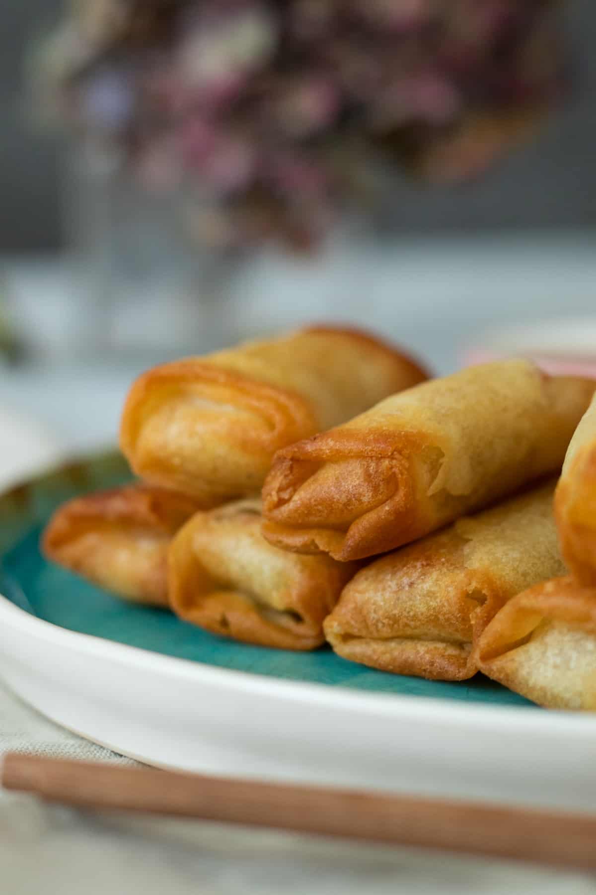 close-up of air fryer spring rolls