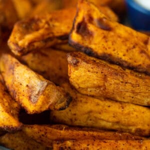 close up of air fryer sweet potatoes