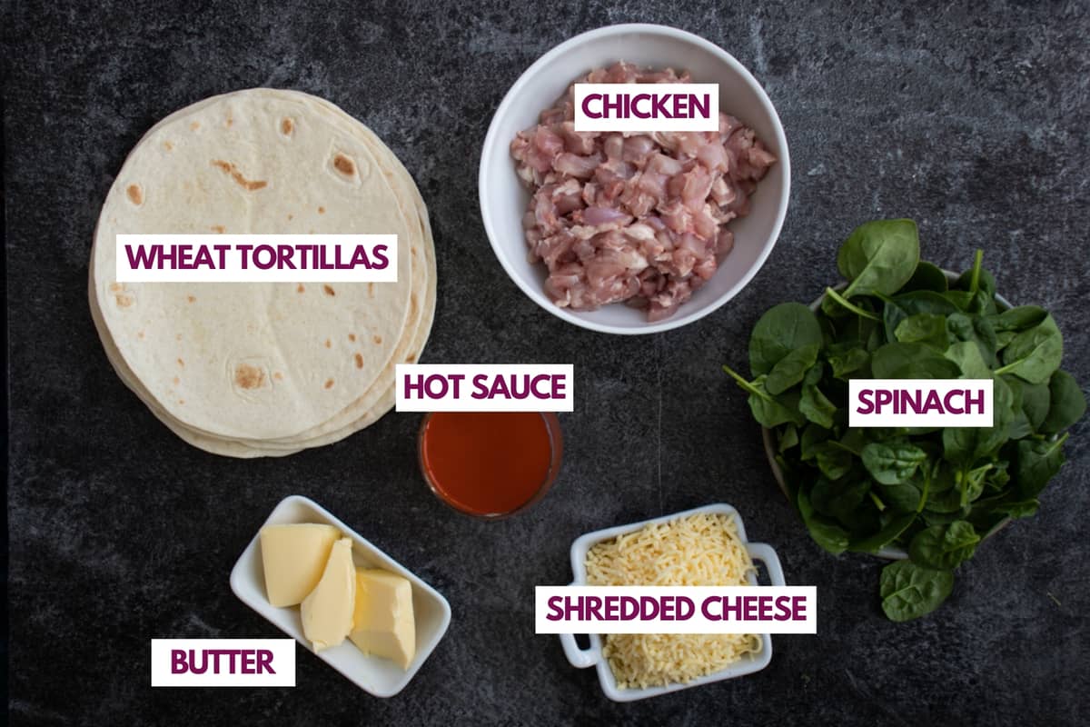 ingredients for buffalo chicken quesadillas.