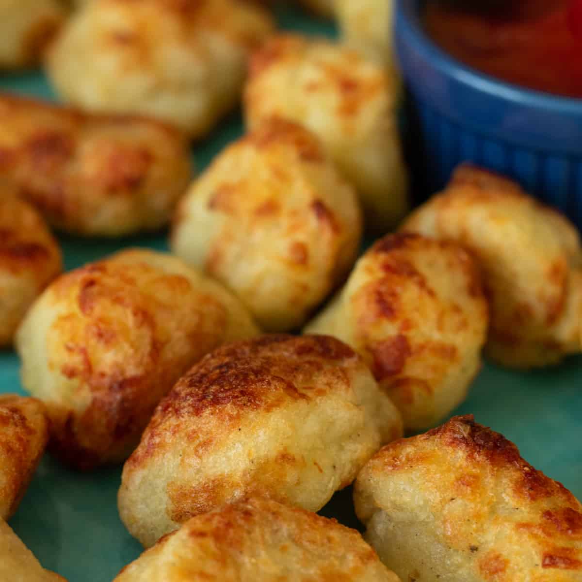 air fryer tater tots next to a small bowl with ketchup