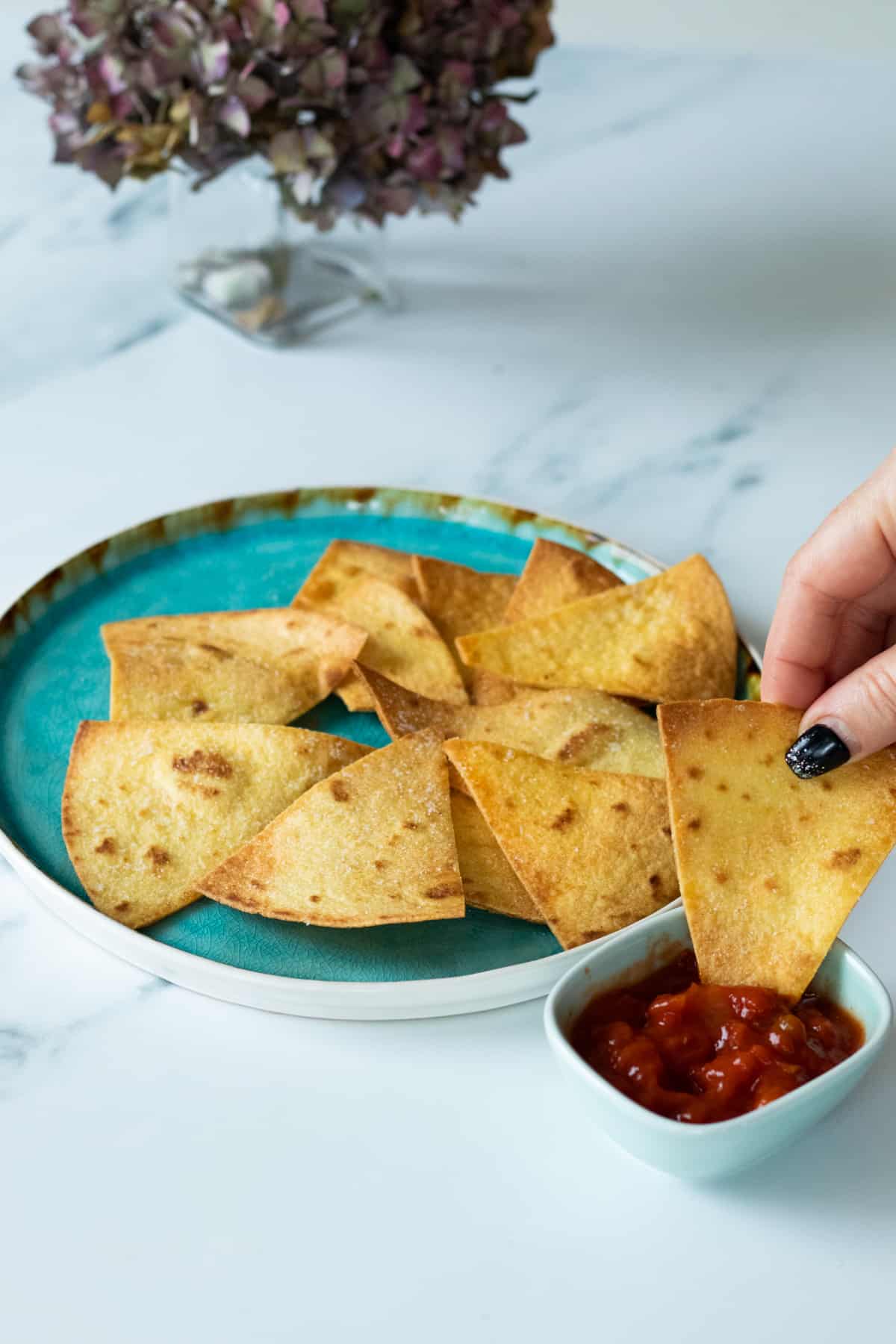 a homemade tortilla chip being dipped in salsa