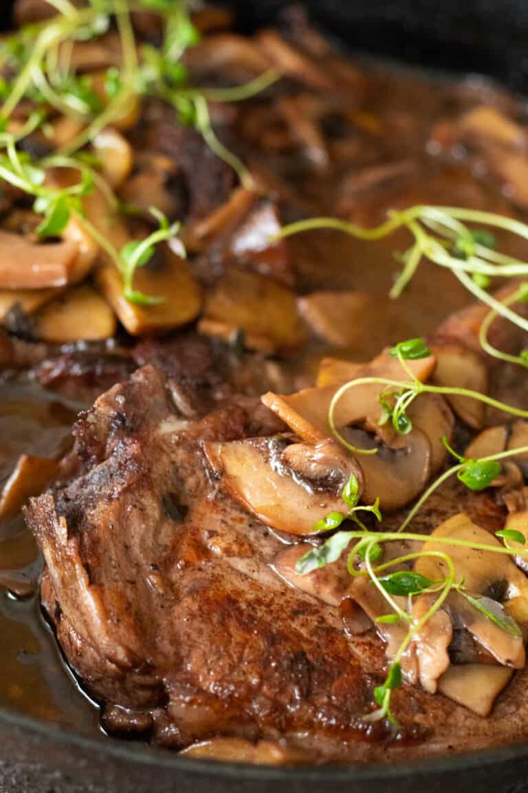 Cast Iron Pork Chops with Mushrooms, Red Wine & Thyme always use butter
