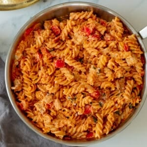 chicken feta cheese pasta in a pan