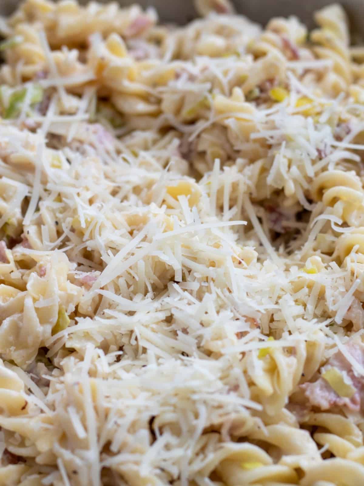 close up of creme fraiche bacon carbonara