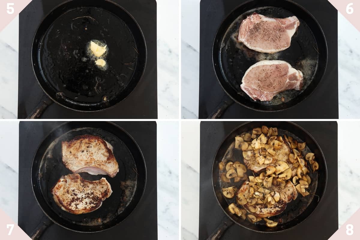 collage showing how to fry pork chops in cast iron skillet.
